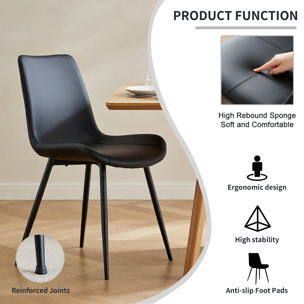 Hommoo 6-Pack Modern Black Faux Leather Dining Chairs with Curved Wide Seat Cushion & Metal Legs, Restaurant, Kitchen, Office & Bedroom Use, Black