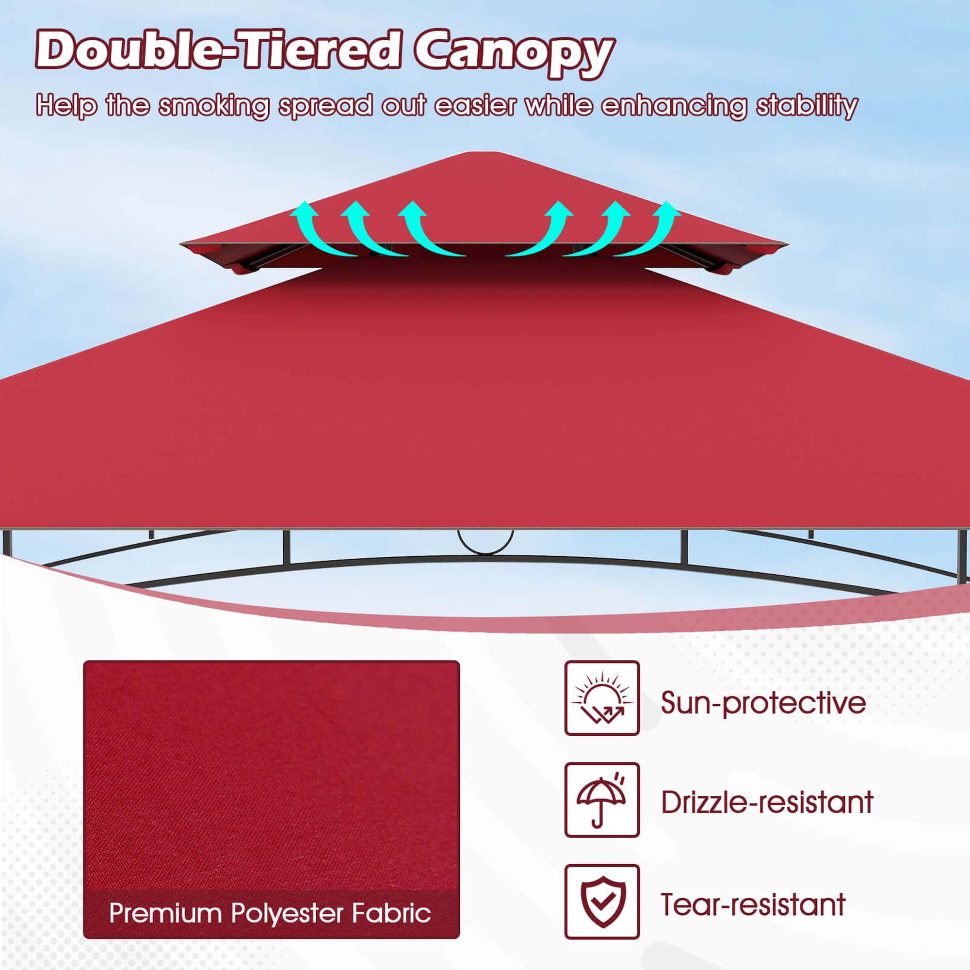 Costway 8' x 5' Grill Gazebo with 2 Shelves 7 Hooks Metal Frame Soft Top Wine