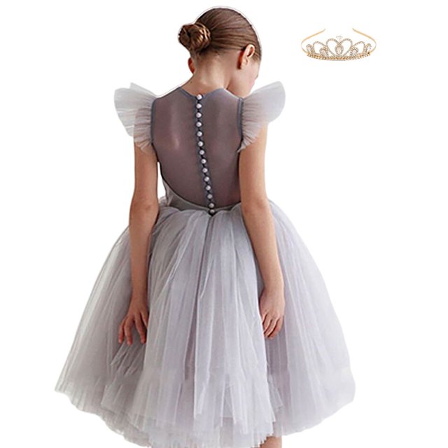 Vestidos de princesa blancos para niñas de flores para bodas, fiesta de cumpleaños elegante para niños, vestido de graduación, manga de pétalo, disfraz de actuación para niños 4T (Etiqueta 110) Gao Jinjia LED
