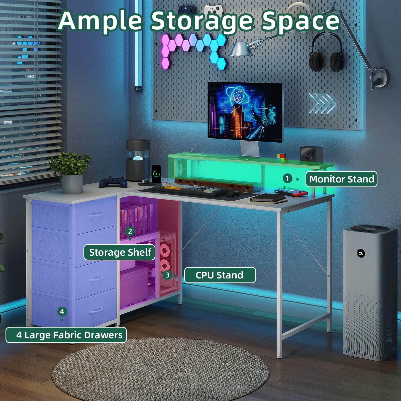 Eunos 53 inch L Shaped Gaming Desk with Power Outlets & LED Light, Computer Desk with 4 Tiers Drawers for Home Office, White