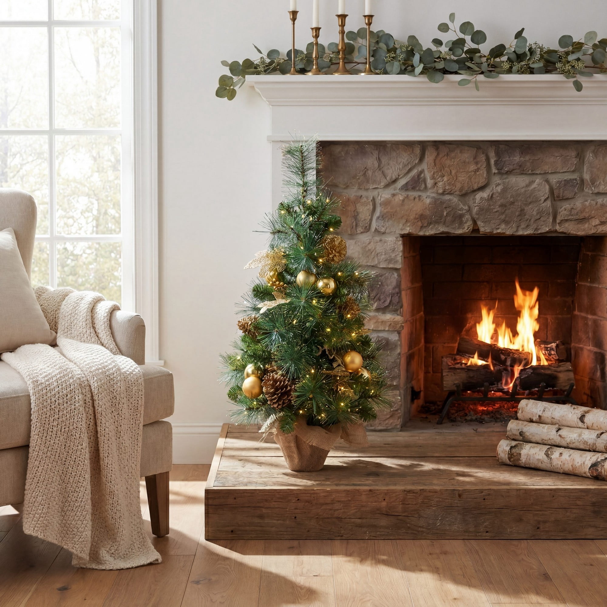 3ft. Artificial Pre-Lit Christmas Tree with Gold Ornaments & Pinecones and 50 LED Lights in Jute Wrapped Base