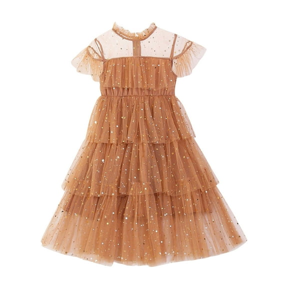PINQI Toddler Girls Fly Sleeve Star Moon Paillette Princess Dress Little Girls Dance Ruffles Dresses Clothes Short Sleeve Holiday Dress(1-Brown,4-5 Years)