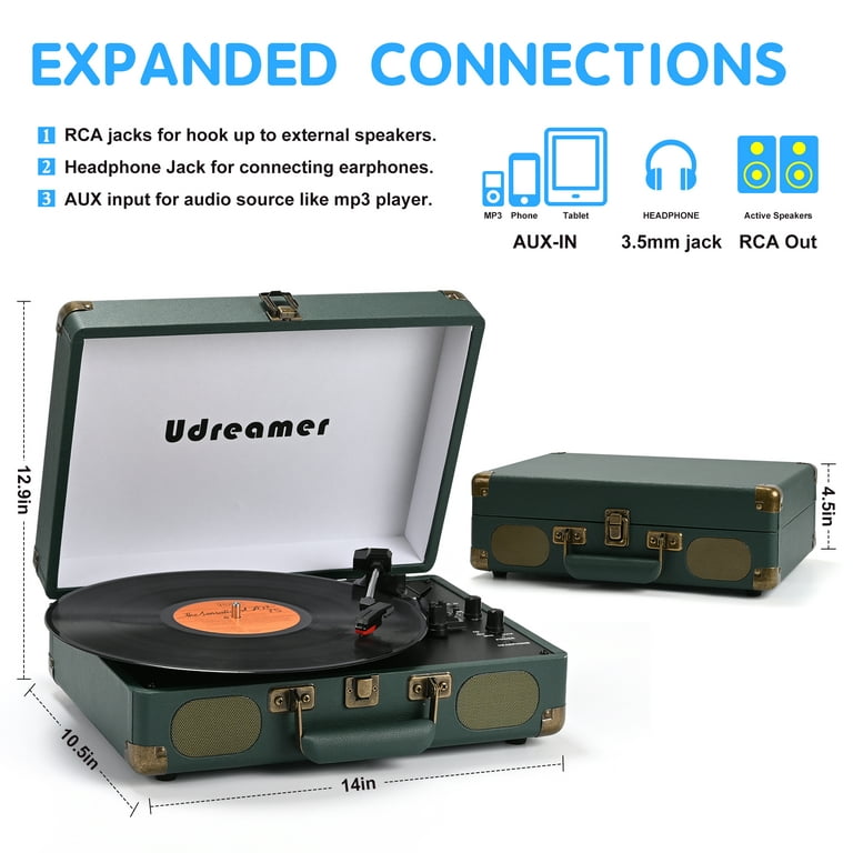 Udreamer Vinyl Record Player 3-Speed Turntable with Bluetooth,Suitcase  Portable Vintage Audio Turntables,Green