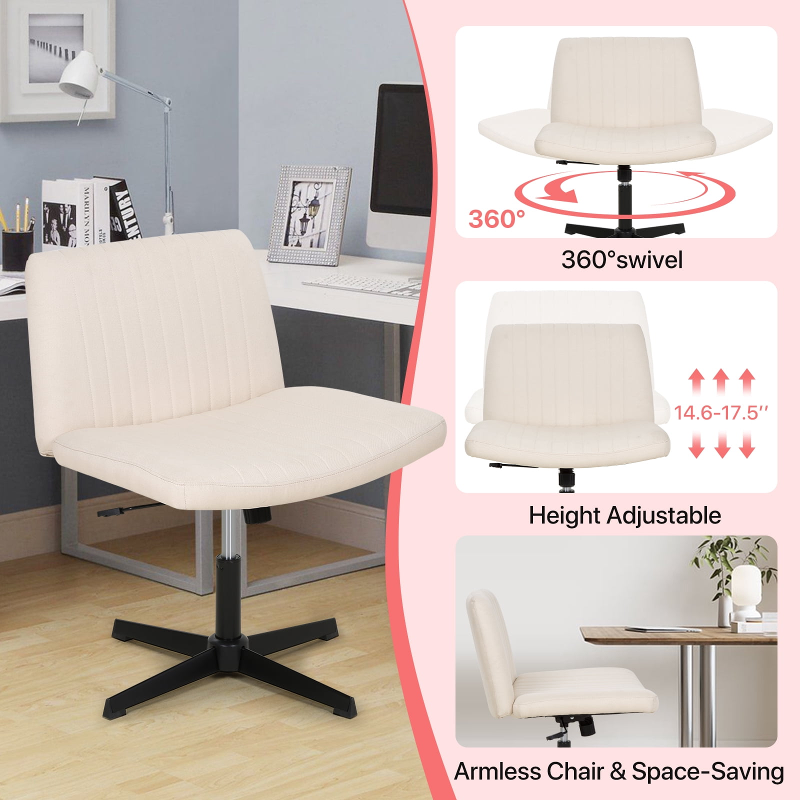 Criss Cross Chair, Armless Vanity Chair Cross Legged Office Chair, Adjustable Wide Swivel Desk Chair for Home Office No Wheels, Beige