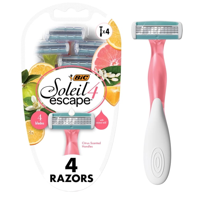 BIC Soleil Escape Maquinillas de afeitar desechables de 4 hojas para mujer, mangos con aroma a cítricos, maquinilla de afeitar perfecta para bikini, paquete de 4