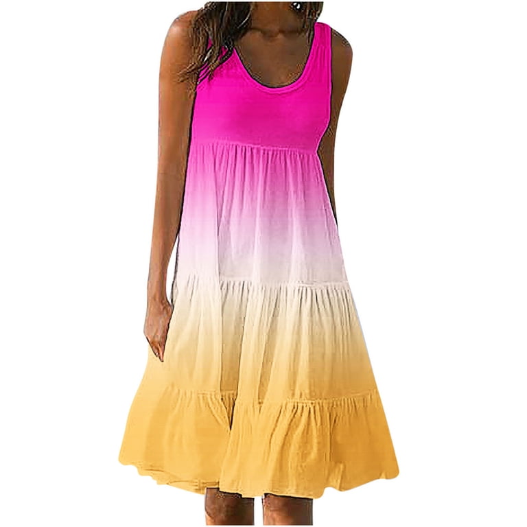 Cagogo Casual Loose Sleeveless Tank Graduation Dresses for Womens Summer  Spring Crewneck Gradient Aline Swing Flowy Tiered Midi Dresses Hide Belly  Western Dress - Walmart.com
