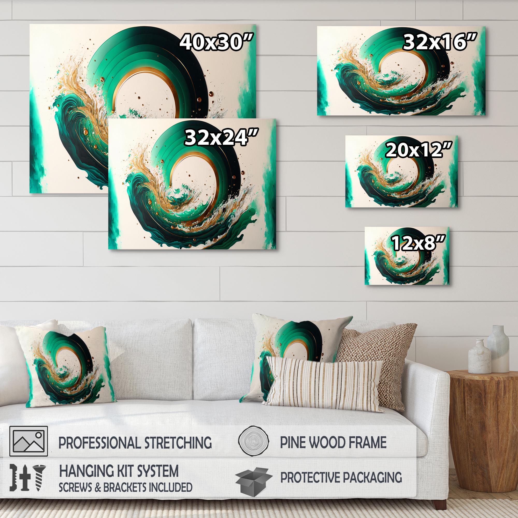 Designart Green And Gold Crashing Waves III Canvas Wall Art
