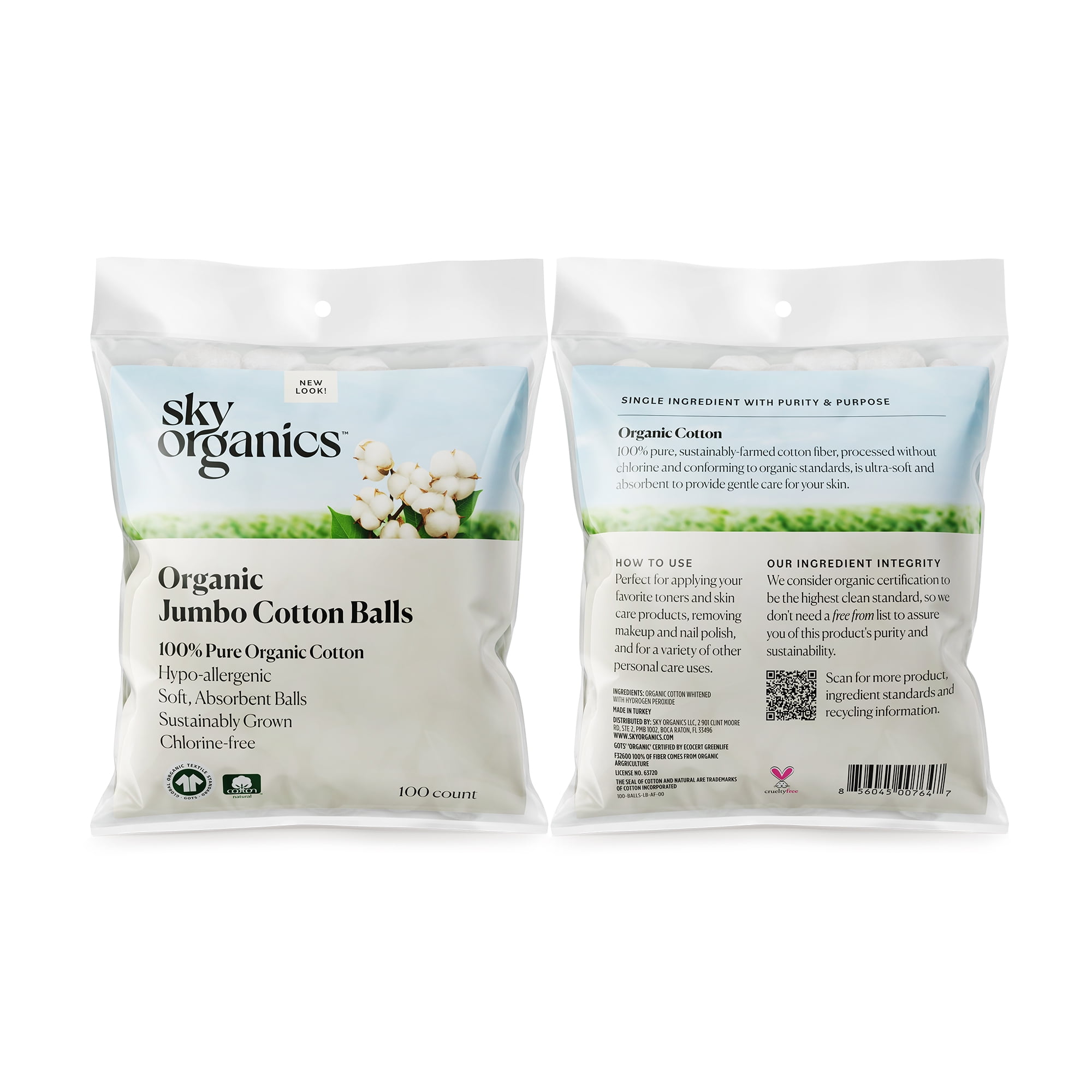 (3 pack) Sky Organics Organic Jumbo Cotton Balls For Sensitive Skin, 100% Pure Organic Cotton Sustainably Grown, Chlorine Free, Hypoallergenic, Ultra-Soft and Absorbant for Beauty & Personal Care, 100 ct.