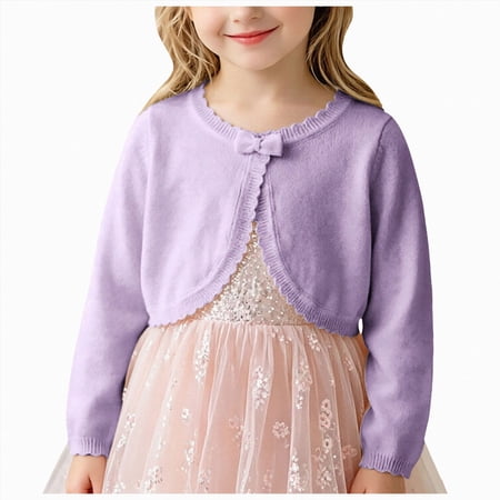 CAUYDY Little Girls Knit Long Sleeve Bowknot Closure Bolero Cardigan Cover Up Tops for Toddler Fall Winter(L101-Purple 4-5 Y)