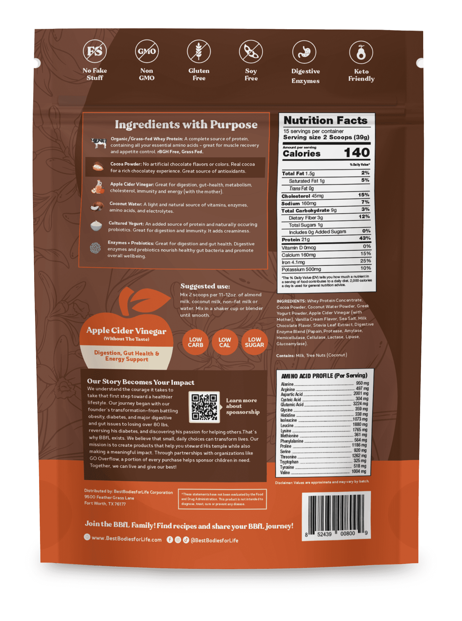 BBfL Protein Meal Replacement Powder, 21g Protein, Organic Whey Protein, Apple Cider Vinegar, 50mg Digestive Enzymes, Prebiotics, All in One Shake (15 Servings, Cocoa)