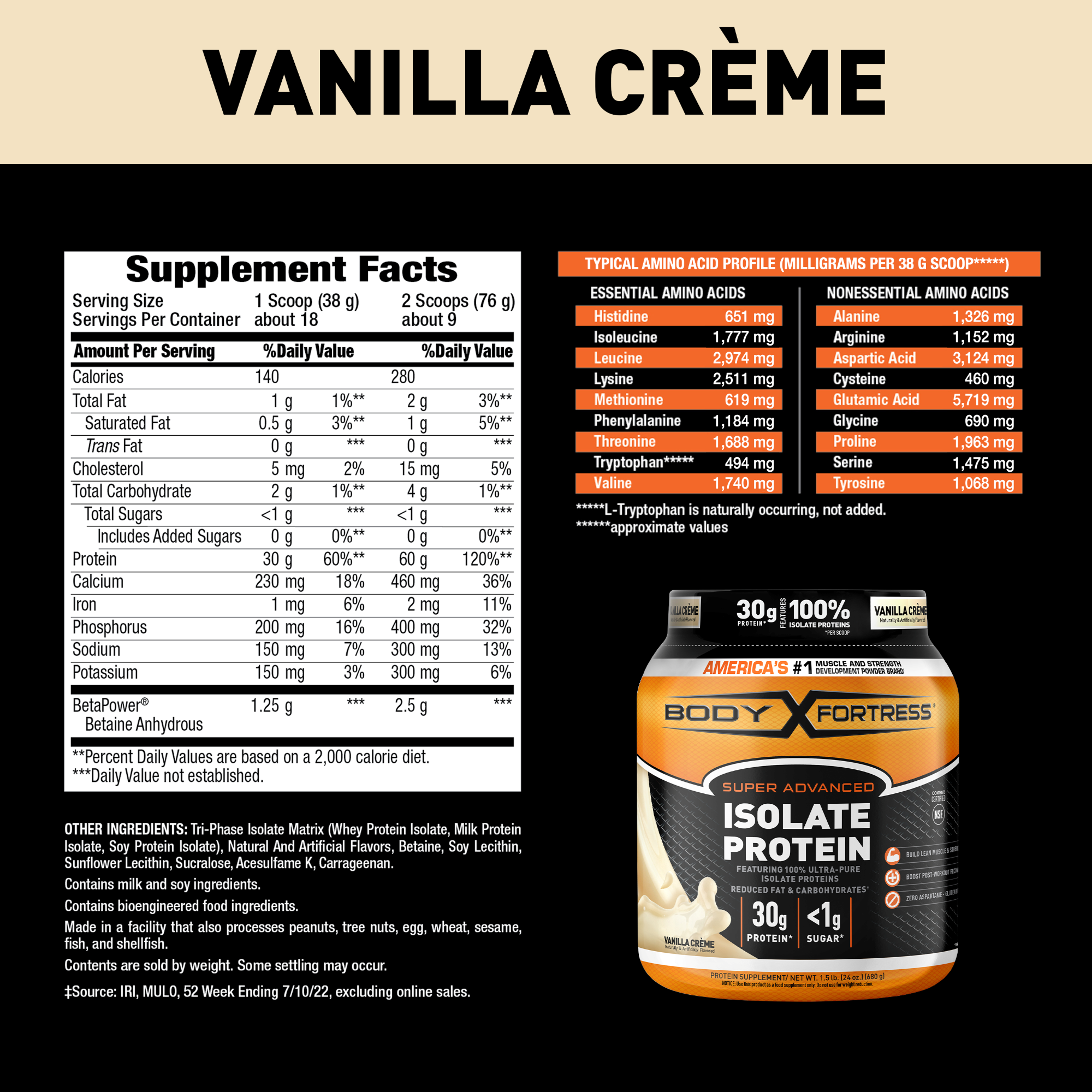 Body Fortress Isolate Powder, 30g Protein per scoop, Vanilla, 1.5 lbs (Packaging May Vary) - image 2 of 6