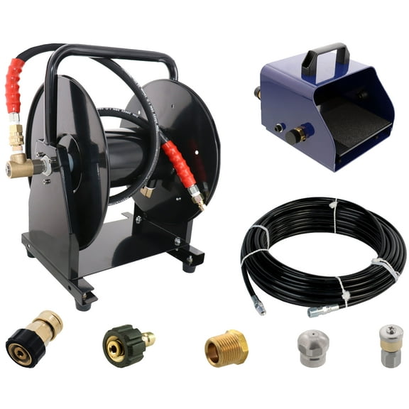 Scheiffer Sewer Jetter Kit - Foot Pedal Hose Reel 1/8" x 100' Hose and Nozzles