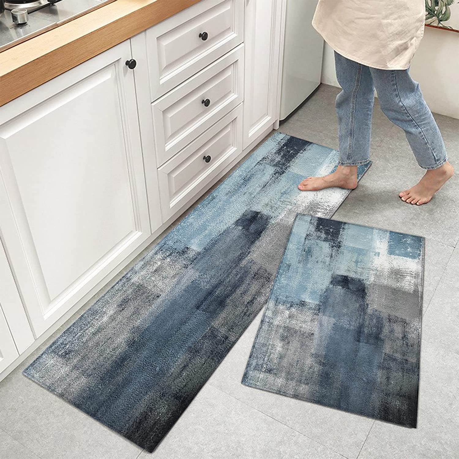 Blue Abstract Art Kitchen Mat, Abstract Art Painting Blue Kitchen Rugs