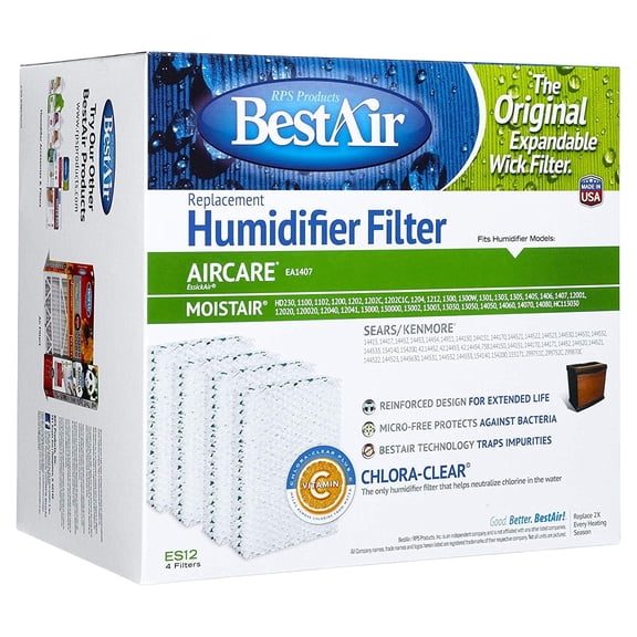 BestAir ES12-2 Extended Life Humidifier Replacement Paper Wick Humidifier Filter, For Emerson, Quiet Comfort & Kenmore Models, 10" x 9.4" x 6.5", 2 Pack 8 Filters