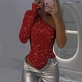 thumbnail image 2 of Alkepwun Womens Bodysuits One-Shoulder Sequin Solid-Color Fitted Jumpsuit Sexy Comfort Tummy Control Long-Sleeve One Piece Tops for Wedding Guest, 2 of 6