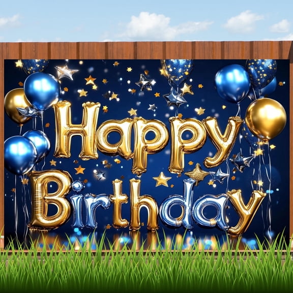 Blue Happy Birthday Backdrop Blue Gold Balloons Birthday Photography Background Golden Glitter Star Birthday Party Decorations Banner Supplies Photo Booth Props