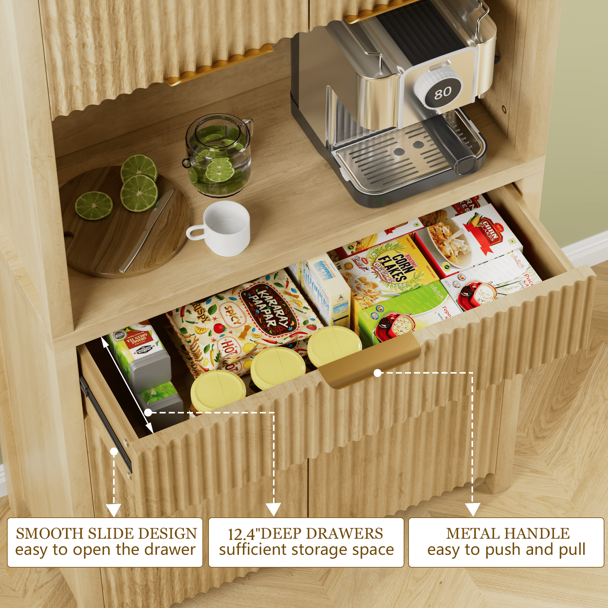 Aufeile 71" Tall Pantry with Drawer and Charging Station, Fluted Pantry Storage Cabinet with Adjustable Shelves for Kitchen Dining Room Living Room, Natural Oak