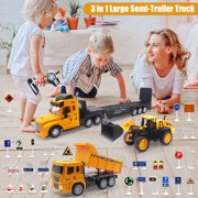 1:16 RC Semi Flatbed Truck with Dump & Bulldozer Truck Toys, 2.4G Remote Control Engineering Tractor with with LED Lights & Music, Construction Vehicles Toy for Boys