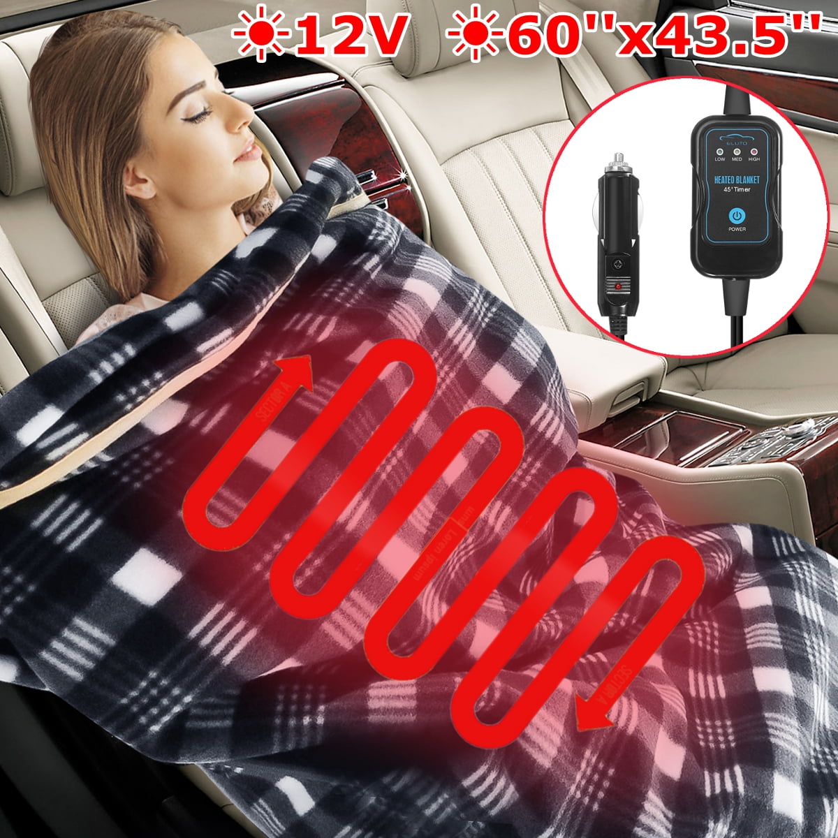 Tvird Heated Car Blanket 59x43 12V Heated Blanket for Car Heated Travel Blanket for Car RVs-Great for Cold Weather Black/White t 12V Electric Blanket with Temperature Controller 