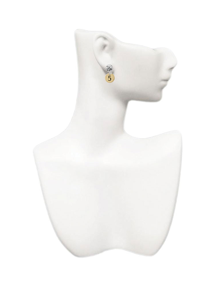Goldtone Disc 1/2'' Number - 5 - Clear Crystal Clip On Earrings