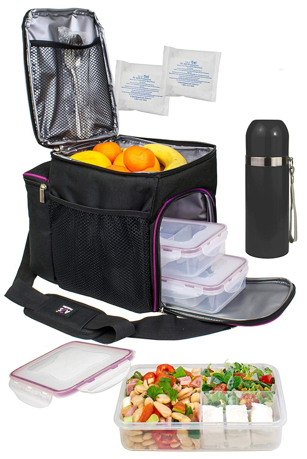 A2S Complete Meal Prep Lunch Box - 8 Pcs Set: Cooler Bag 3x Portion Control Bento  Lunch Containers Leakproof 3 Compartments Microwavable BPA Free - Fork &  Spoon - Thermos - 2x