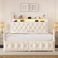 thumbnail image 6 of Hiphuta Queen Size Upholstered Canopy Bed with Charging Station & Storage Drawer, Button Tufted Headboard with LED Light, Queen Bed Frames for Adults, Beige, 6 of 8