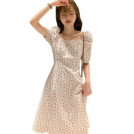 

Fantadool Women Dress Summer Boho Beach Dress Ladies Floral Square Collar Puff Short Sleeve Sweet Fresh Vestidos Long Dress Robe