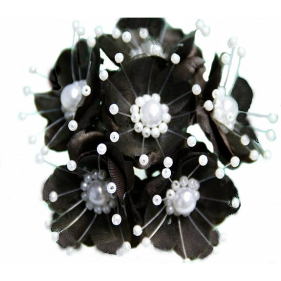 36 Wedding Bridal Pearl Satin Organza Flower Favor Pick - Black