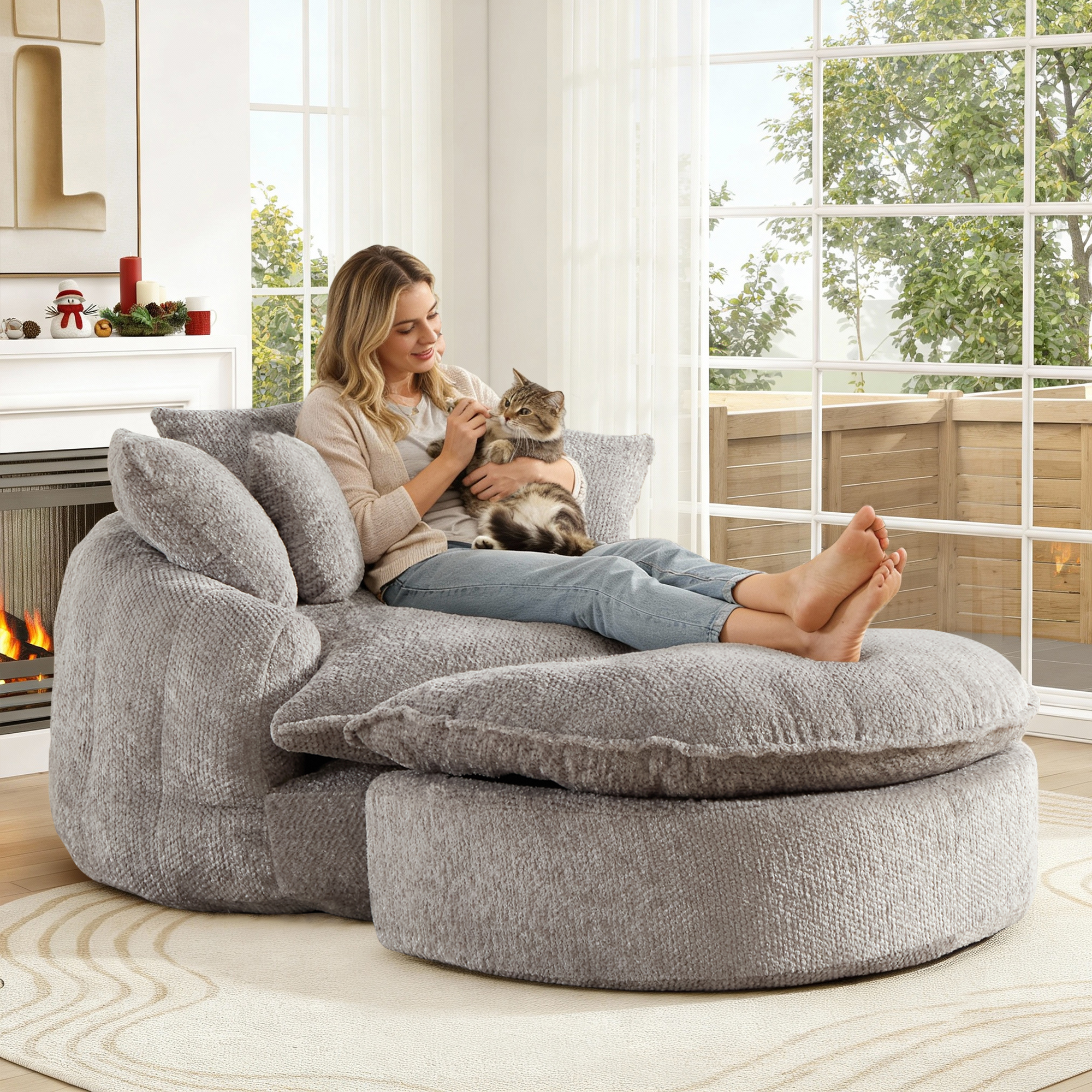 Aukfa 75" Oversized Round Chaise Lounge Chair with Half Moon Ottoman, Boneless Cloud Circle Deep Seat Sofa Set for Living Room, 5 Pillows, No Assembly Required, Light Gray