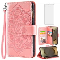 Asuwish Compatible with Samsung Galaxy S25 Ultra Wallet Phone Case and Tempered Glass Screen Protector Flower Faux Leather Flip Credit Card Holder Stand Zipper Cell Cover for S25ultra Women Pink