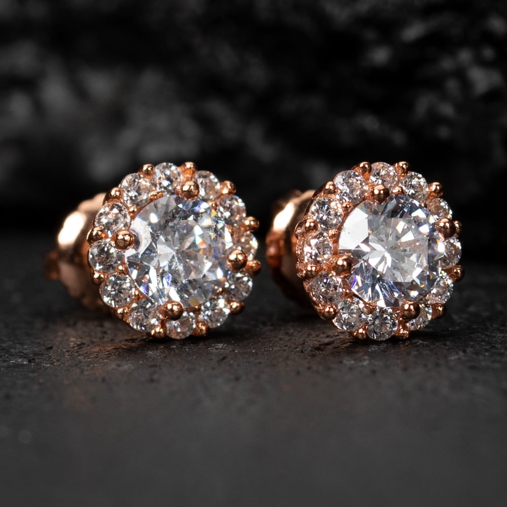 Men's Women's Round Cut CZ Rose Gold 925 Sterling Silver Small Halo Screw Back Stud Earrings