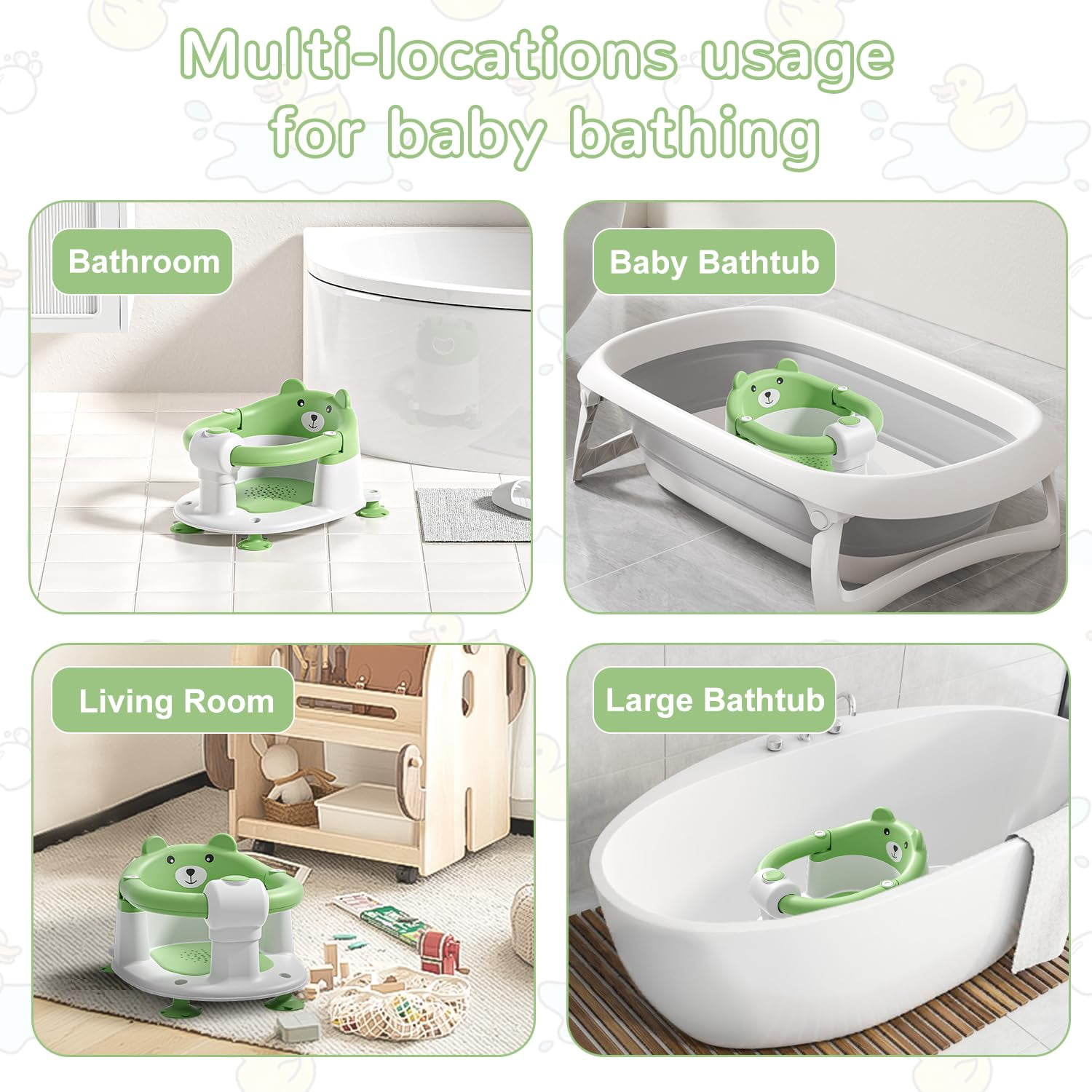 Soluxeo Baby Bath Seat for Babies 6 Months & up, Non-Slip Toddler Bath Seats for Babies Sitting Up with 4 Suction Cups & Soft Cushion for Shower(Green)