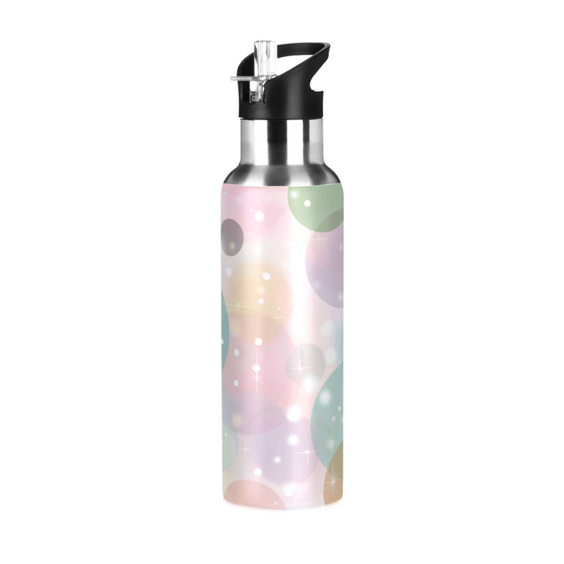Iauyy Stainless Steel Double-Wall Vacuum Insulated Water Bottle with Straw-600ml&1000ml BPA-Free Leak-Proof for Travel Workouts Outdoor,Stars and Bubbles