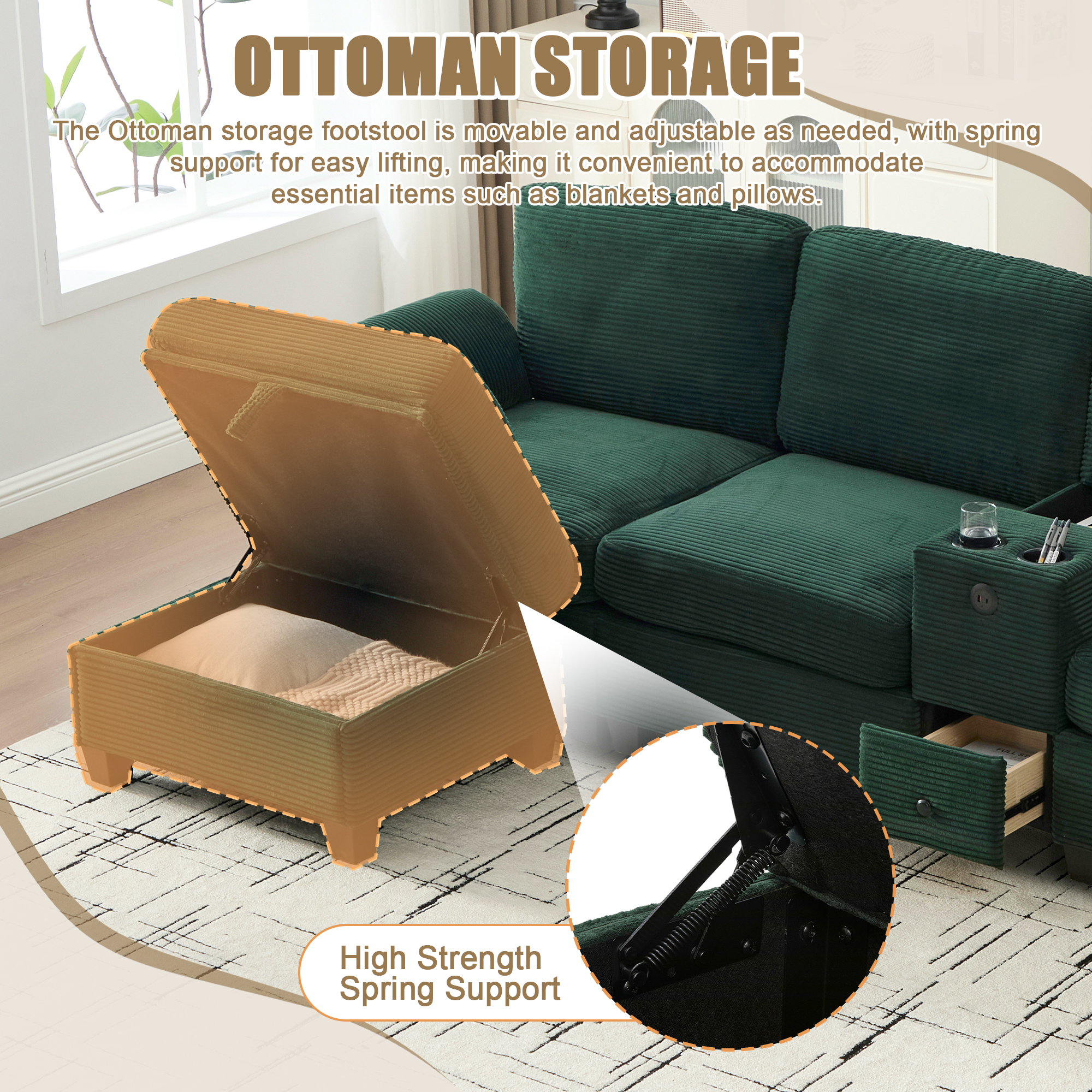 MOONMISS 105" L-Shaped Corduroy Modular Sectional Sofa with 1 Ottoman and Multi Functional Console, 3-Seater Upholstered Couch with USB and 2 Cup Holder, Easy Assembly, for Living Room,Emerald