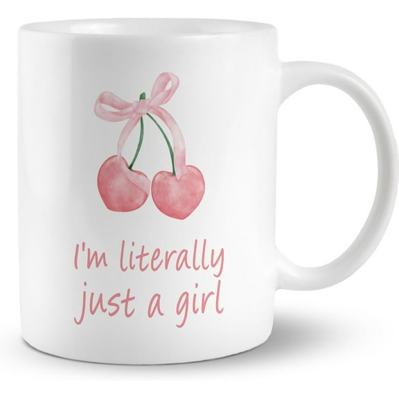 Pink Bow Cherry Mug, Coquette Mug, Girly Coffee Mug, Girly Gifts for Women Girls, Coquette Gifts, Preppy Pink Coffee Mug, Preppy Gifts, I''m Literally Just a Girl Ceramic Coffee Mug 11 oz