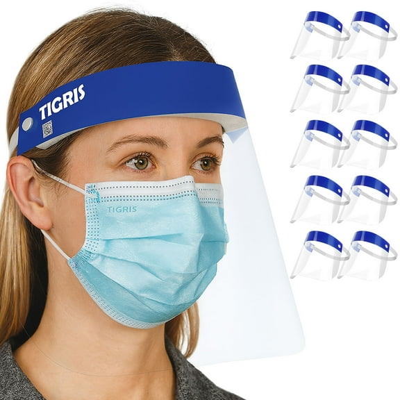 10PCs Dental/Medical Grade Tigris Anti-Fog Safety Splash by VASTMED Face Shield Visor LP Clear Face Shield with Elastic Band