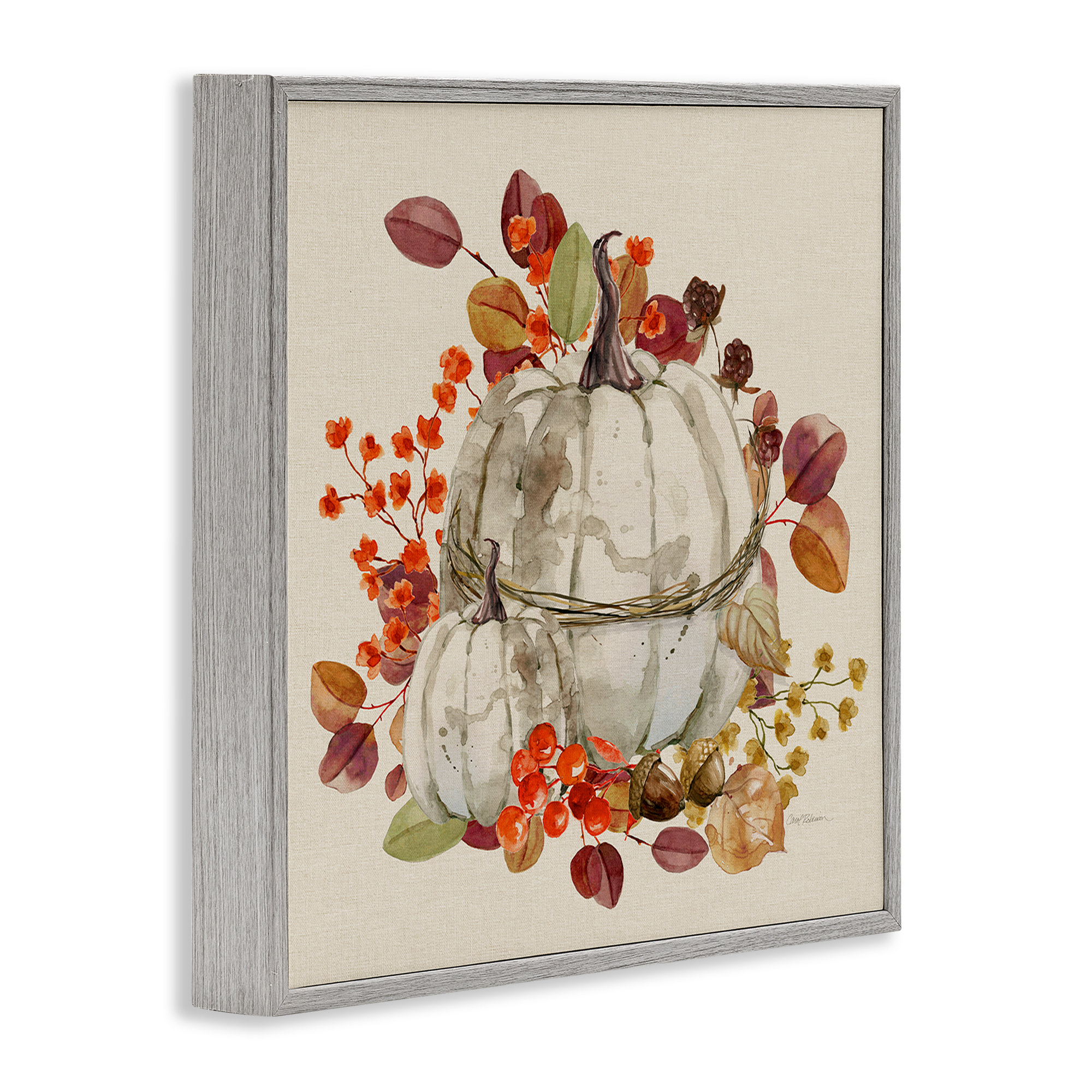 Stupell Industries Seasonal Pumpkin & Leaves Botanical & Floral Painting Gray Framed Art Prints Wall Art, 17 x 17