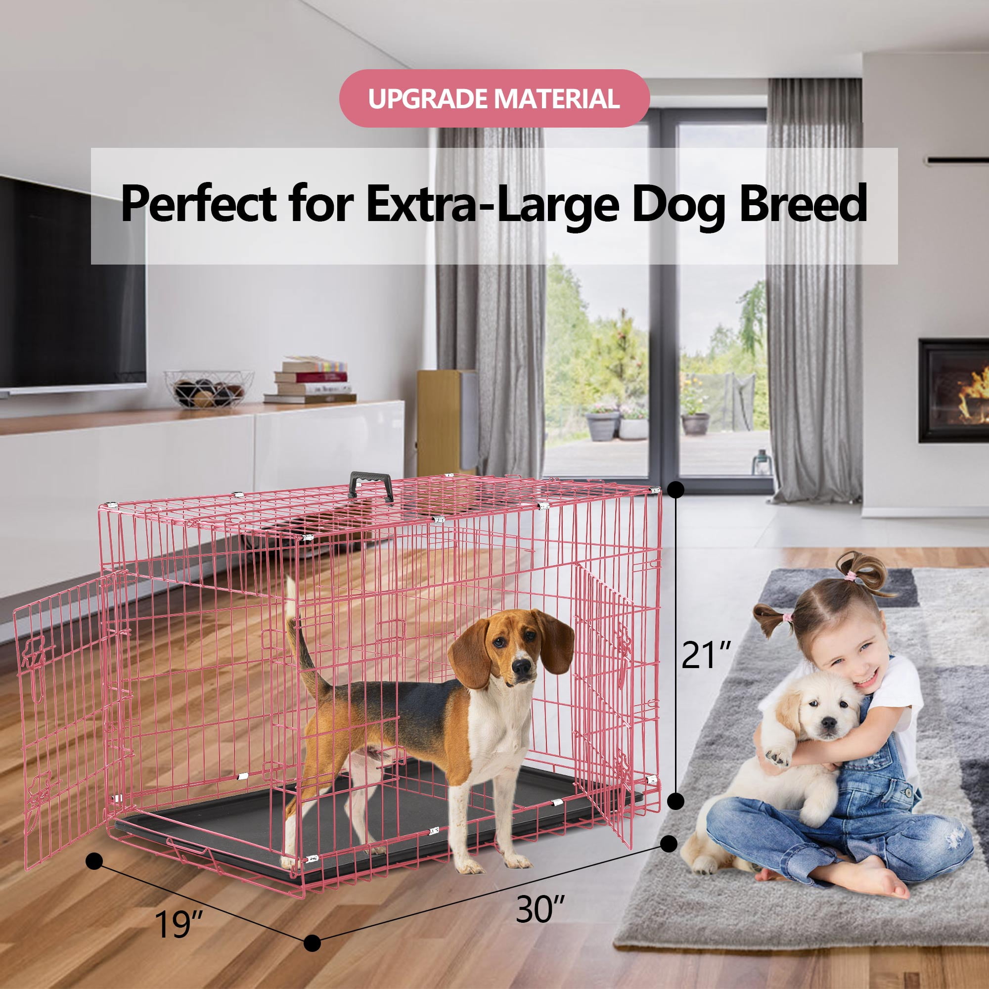 CL.HPAHKL Small Dog Crate, 30 inch Double Door Dog Cage Dog Kennel with Plastic Leak-Proof Pan Tray, Folding Metal Pet Crate for Small Dog Indoor Outdoor Travel, Pink