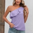 thumbnail image 2 of Women One Shoulder Top Summer Eyelet Ruffle Trim Sleeveless Pure Color Top for Female Purple M, 2 of 8