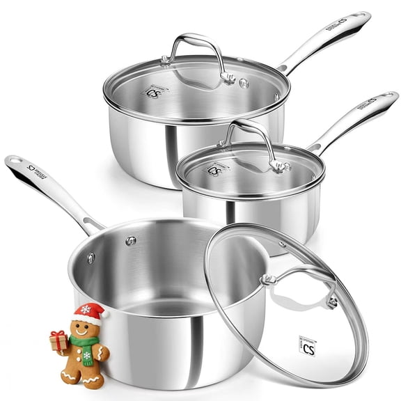Koch Systeme CS 6-Piece Tri‑Ply Stainless Steel Saucepan Set — 1 qt / 2 qt / 3 qt with Lids — Induction Compatible, Oven & Dishwasher Safe