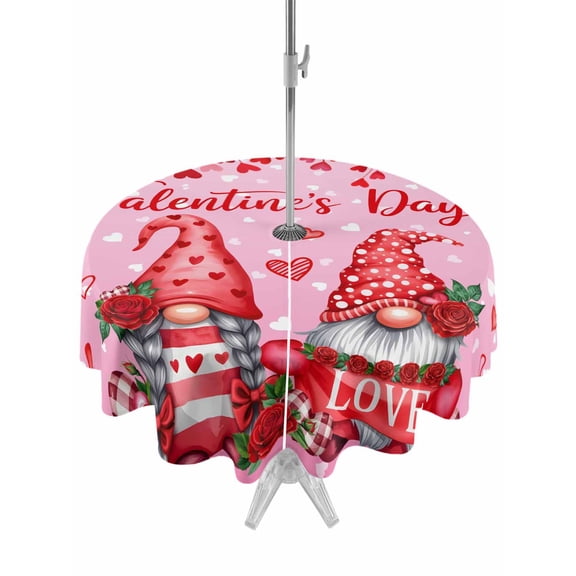 Outdoor Tablecloth with Umbrella Hole and Zipper, Valentine's Day Round Table Cloth 60 Inch Waterproof Tablecloth, Gnomes Roses Loves Romantic Watercolor Picnic Table Cover for Patio Camping