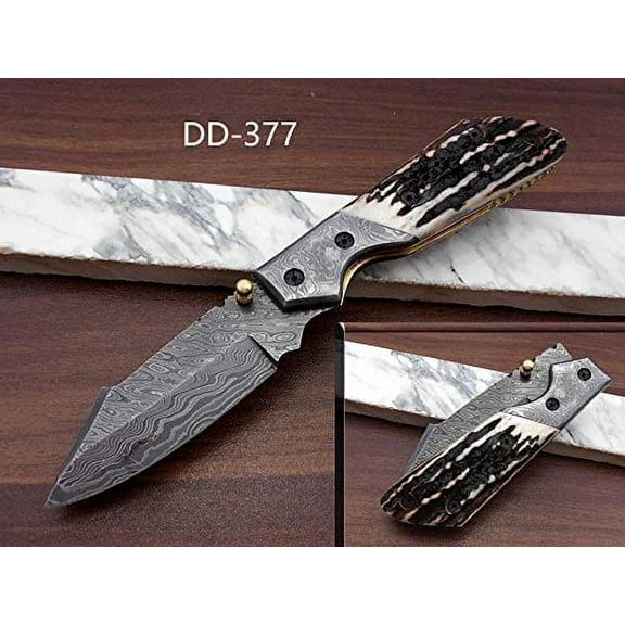 Damascus steel 7.5" long Folding Knife, Stag Antler scale with Damascus bolster and pocket clip, custom made Hand Forged raised edge blade, Cow hide leather sheath