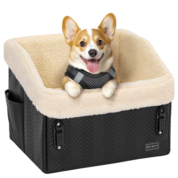 PETSFIT Small Dog Car Seat,Waterproof PU Leather Booster Seat for Small Dogs,Patent Safe Buckles, 30 lb Limit, Black