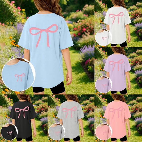 SOFTCCLO Girls T shirts Short Sleeve Crewneck Bow Print Graphic Tees Casual Loose Cute T-Shirts for Girls 3-4Y