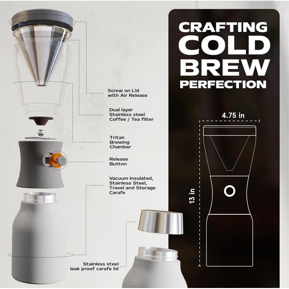 Cold Brew Coffee Maker, Award-Winning 40oz Insulated Cold Brew Brewer with Portable Stainless Steel Carafe – No.1 Europe Coffee Fest Winner, Leakproof, BPA-Free, Keeps Cold 24H