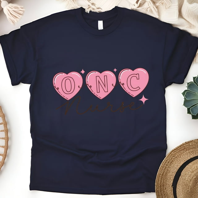 Oncology Nurse Graphic T-Shirt with Pink Heart Design, Navy, Size S