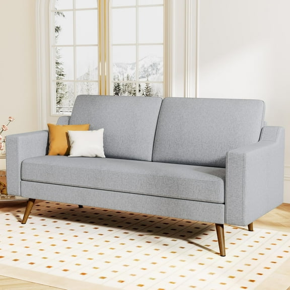 65.4" Loveseat Sofa, Comfy Grey Linen - Mid-Century Modern Small Couch with Spring Cushion, Solid Wood Frame, Tool-Free Assembly - Perfect for Living Room, Bedroom, Office