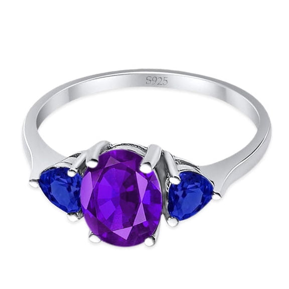 Natural Amethyst Size-5 Three Stone Oval Trio Ring Two Heart Blue Sapphire CZ Wedding Engagement Ring 925 Sterling Silver Gifts For Her