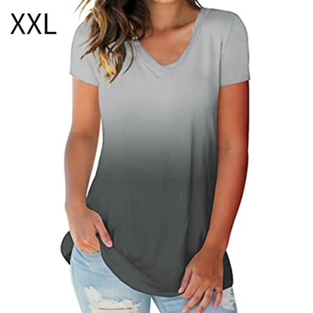 Camiseta de mujer con cuello en V, manga corta, gradiente superior, camiseta informal, gris, XXL kenally AP001652-10
