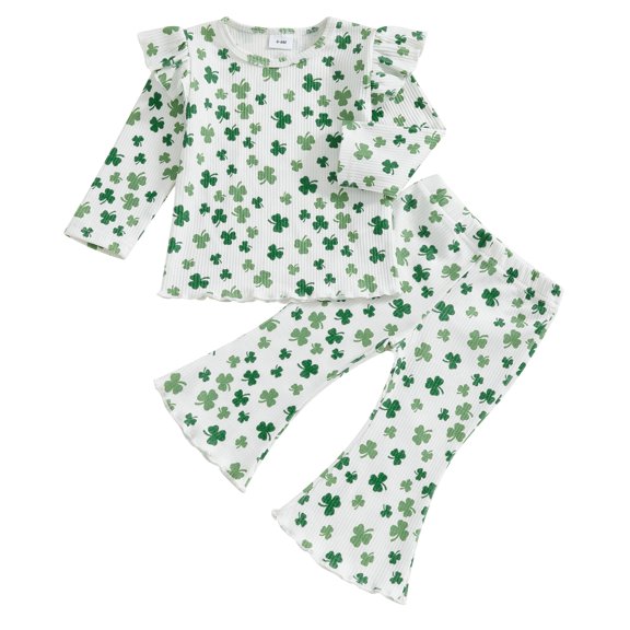 Okbabeha Toddler Baby Girls St. Patrick's Day Clover Long Sleeve T Shirt Bell Bottom Pants